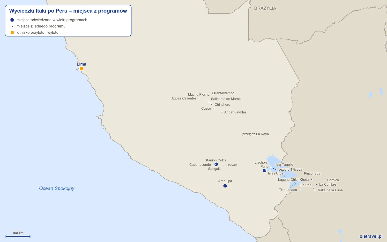 Mapa: Peru z miejscami z programów wycieczek objazdowych Itaki