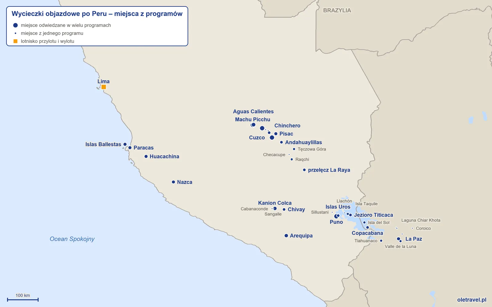 Mapa: Peru z miejscami odwiedzanymi na wycieczkach objazdowych z naszej oferty