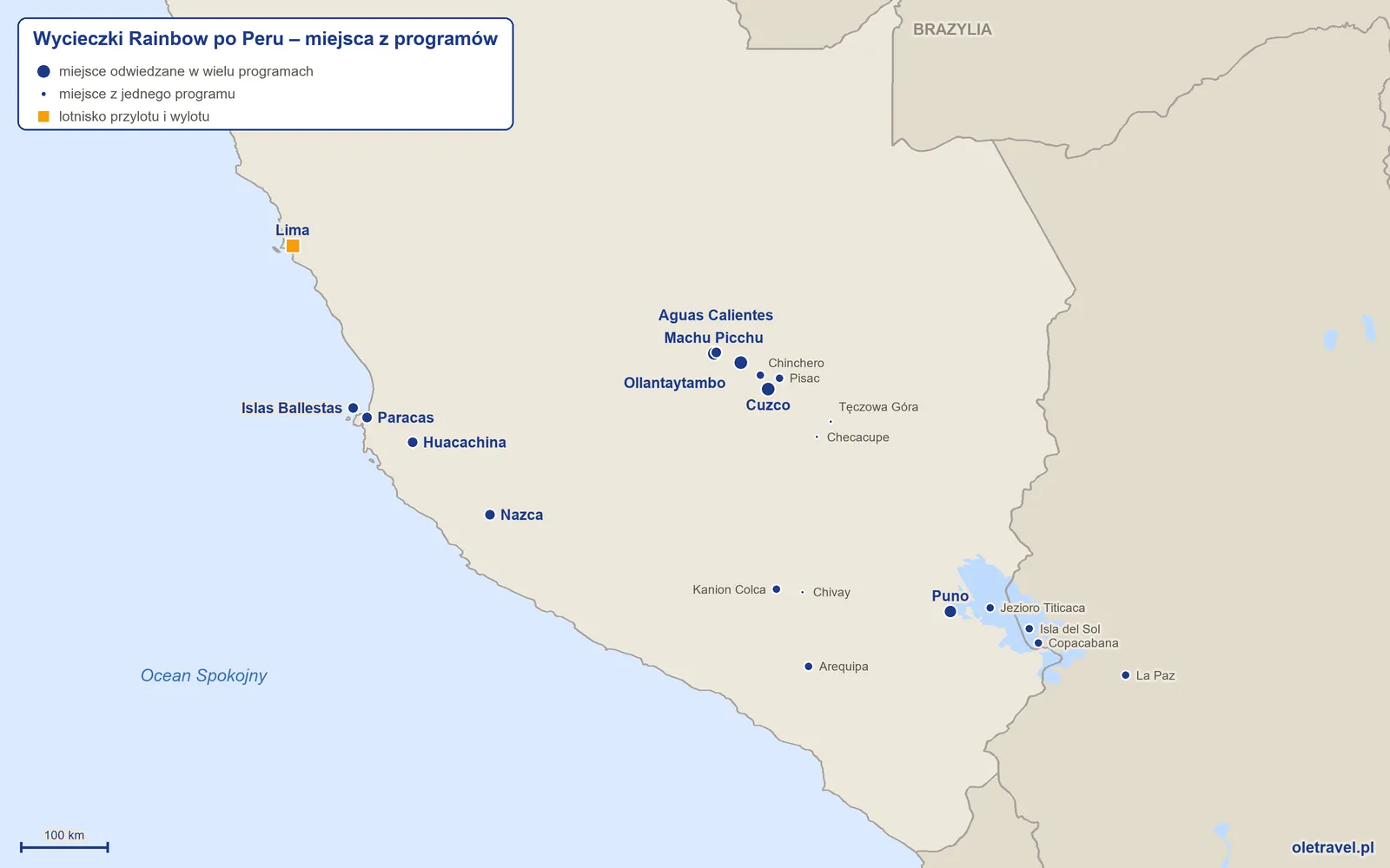 Mapa: Peru z miejscami z programów wycieczek objazdowych Rainbow