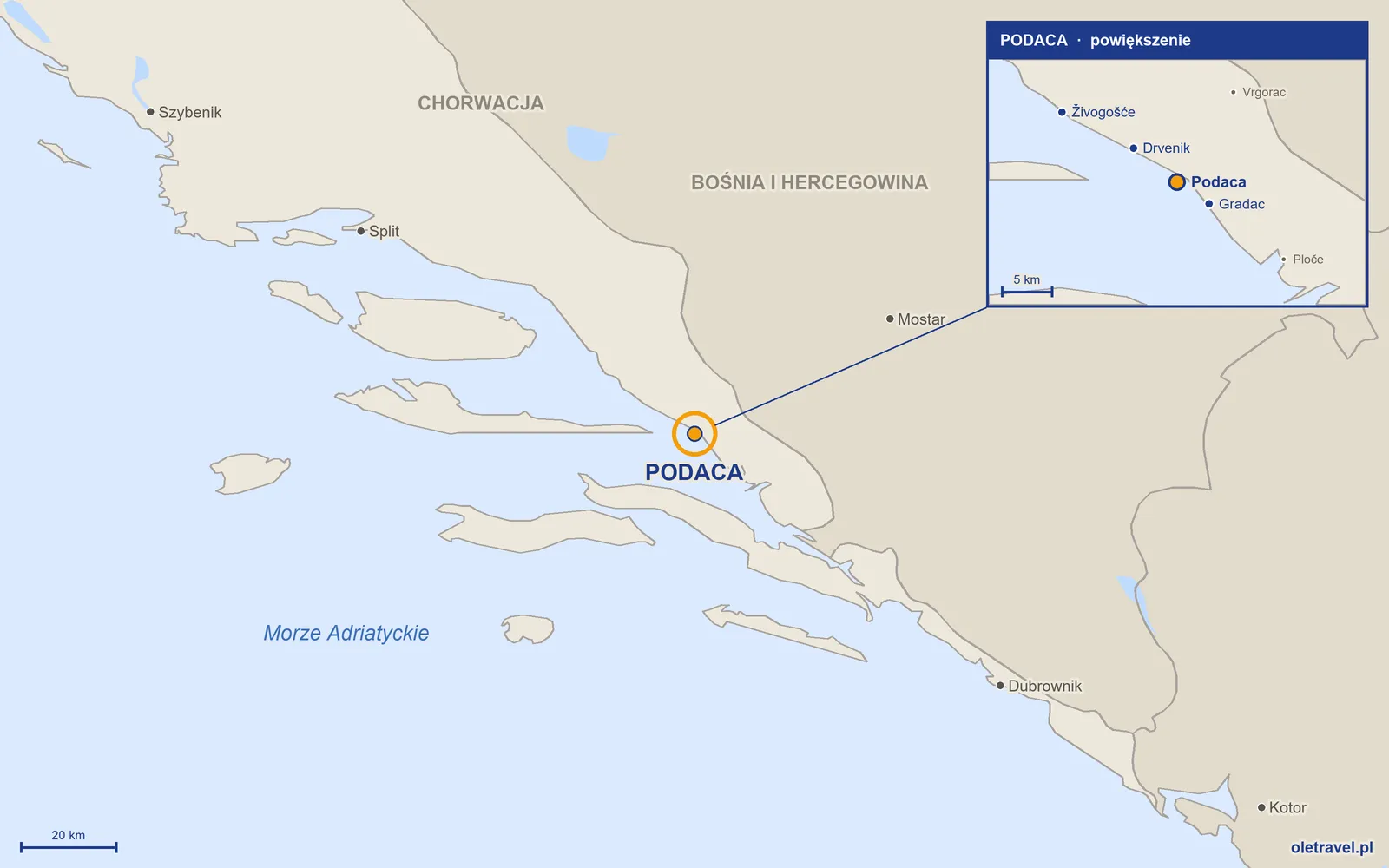 Mapa Chorwacji z zaznaczonym położeniem: Podaca; w powiększeniu okolice z sąsiednimi miejscowościami