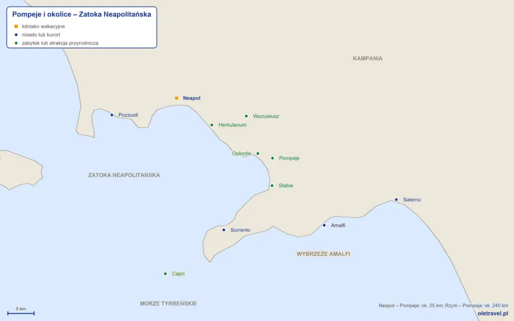 mapa okolic Pompejów: Neapol z lotniskiem, Herkulanum, Wezuwiusz, Pompeje, Sorrento, Amalfi i Capri