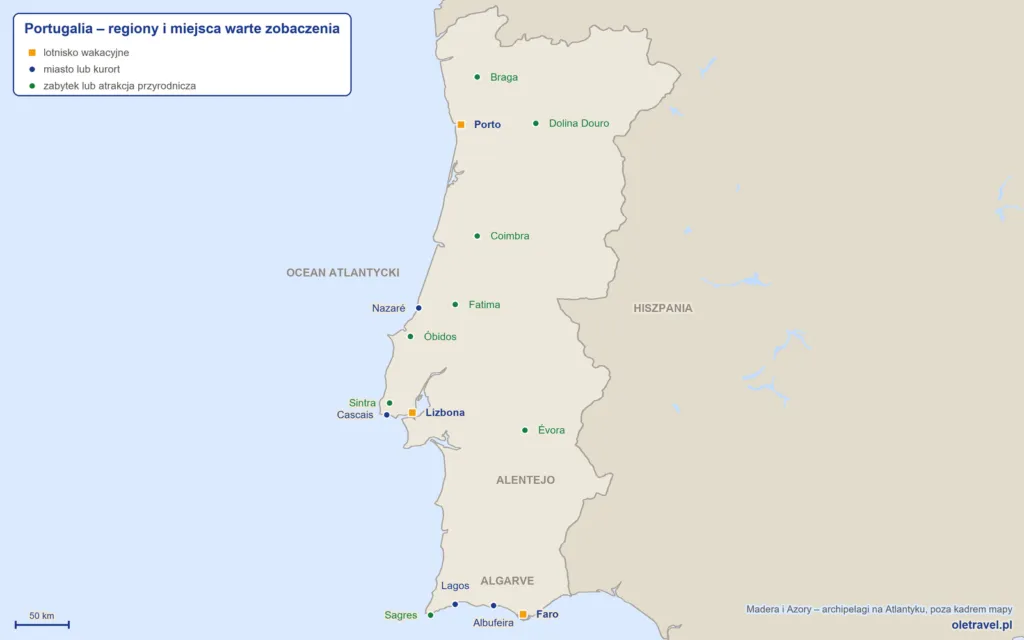 mapa: Wakacje w Portugalii – lotniska, kurorty i miejsca warte zobaczenia