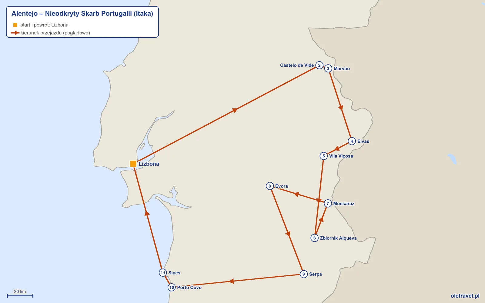 Mapa trasy wycieczki „Alentejo – Nieodkryty Skarb Portugalii” z Itaką: Lizbona – Castelo de Vide – Marvão – Elvas – Vila Viçosa – Zbiornik Alqueva – Monsaraz – Évora – Serpa – Porto Covo – Sines – Lizbona