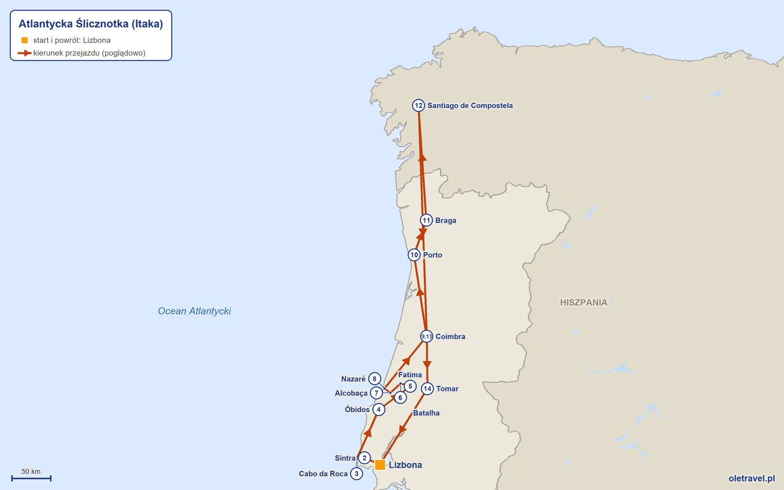 Mapa trasy wycieczki „Atlantycka Ślicznotka” z Itaką: Lizbona – Sintra – Cabo da Roca – Óbidos – Fatima – Batalha – Alcobaça – Nazaré – Coimbra – Porto – Braga – Santiago de Compostela – Coimbra – Tomar – Lizbona