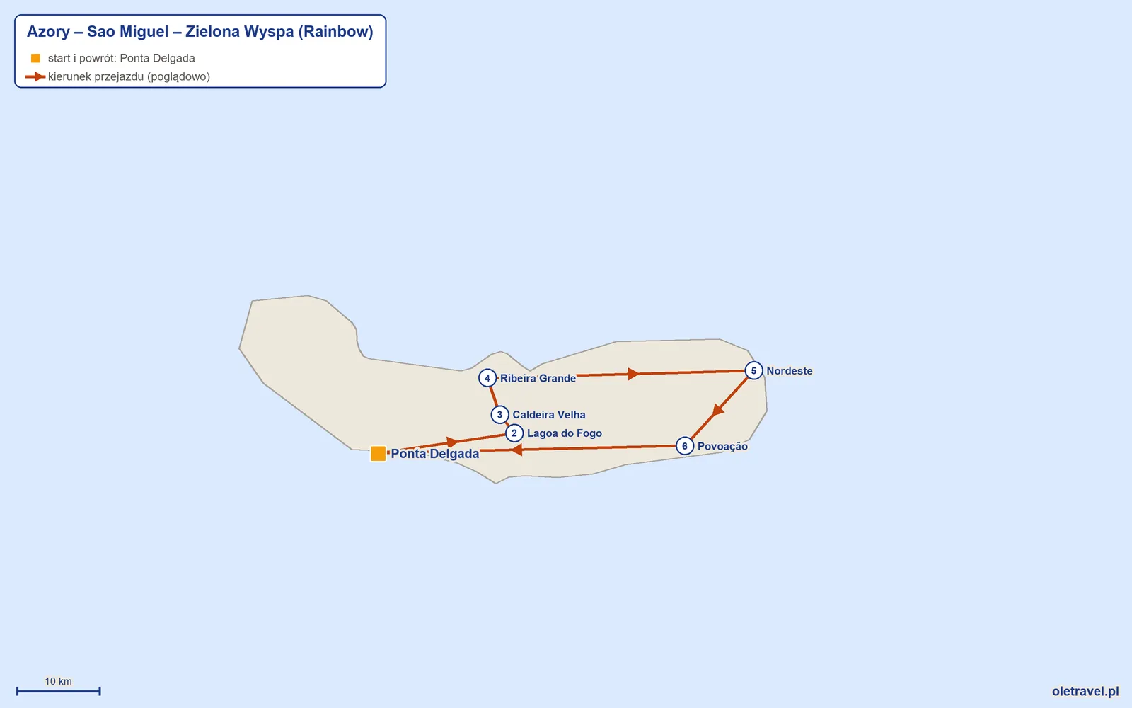 Mapa trasy wycieczki „Azory – Sao Miguel – Zielona Wyspa” z Rainbow: Ponta Delgada – Lagoa do Fogo – Caldeira Velha – Ribeira Grande – Nordeste – Povoação – Ponta Delgada