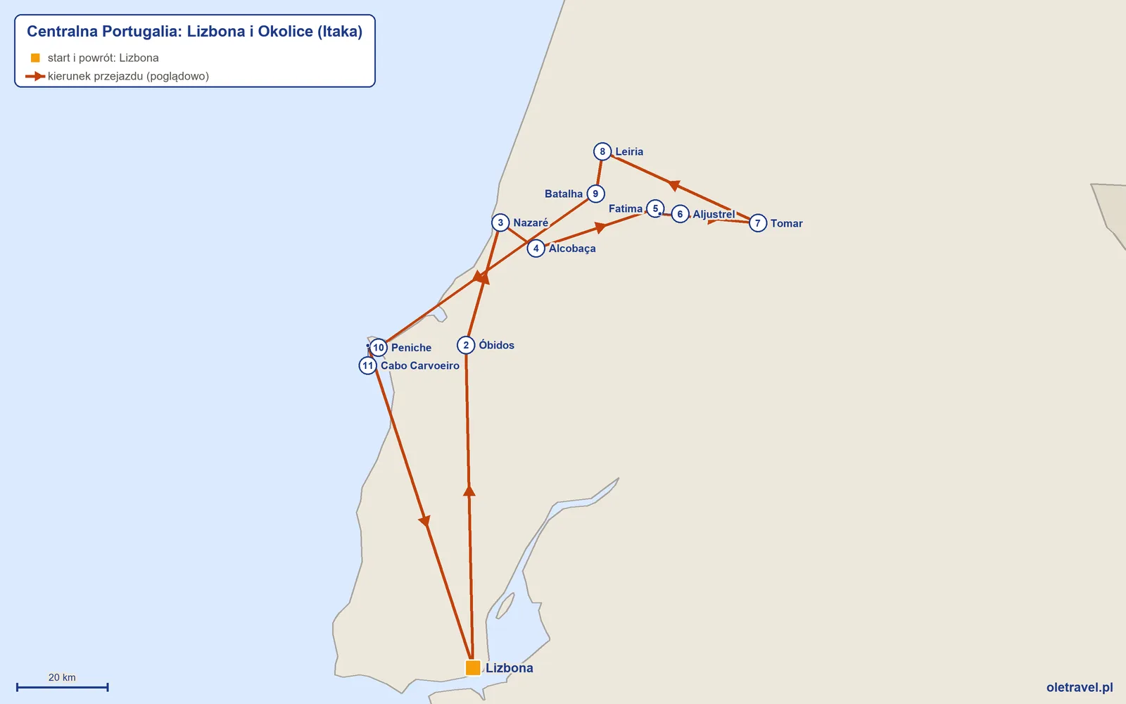 Mapa trasy wycieczki „Centralna Portugalia: Lizbona i Okolice” z Itaką: Lizbona – Óbidos – Nazaré – Alcobaça – Fatima – Aljustrel – Tomar – Leiria – Batalha – Peniche – Cabo Carvoeiro – Lizbona