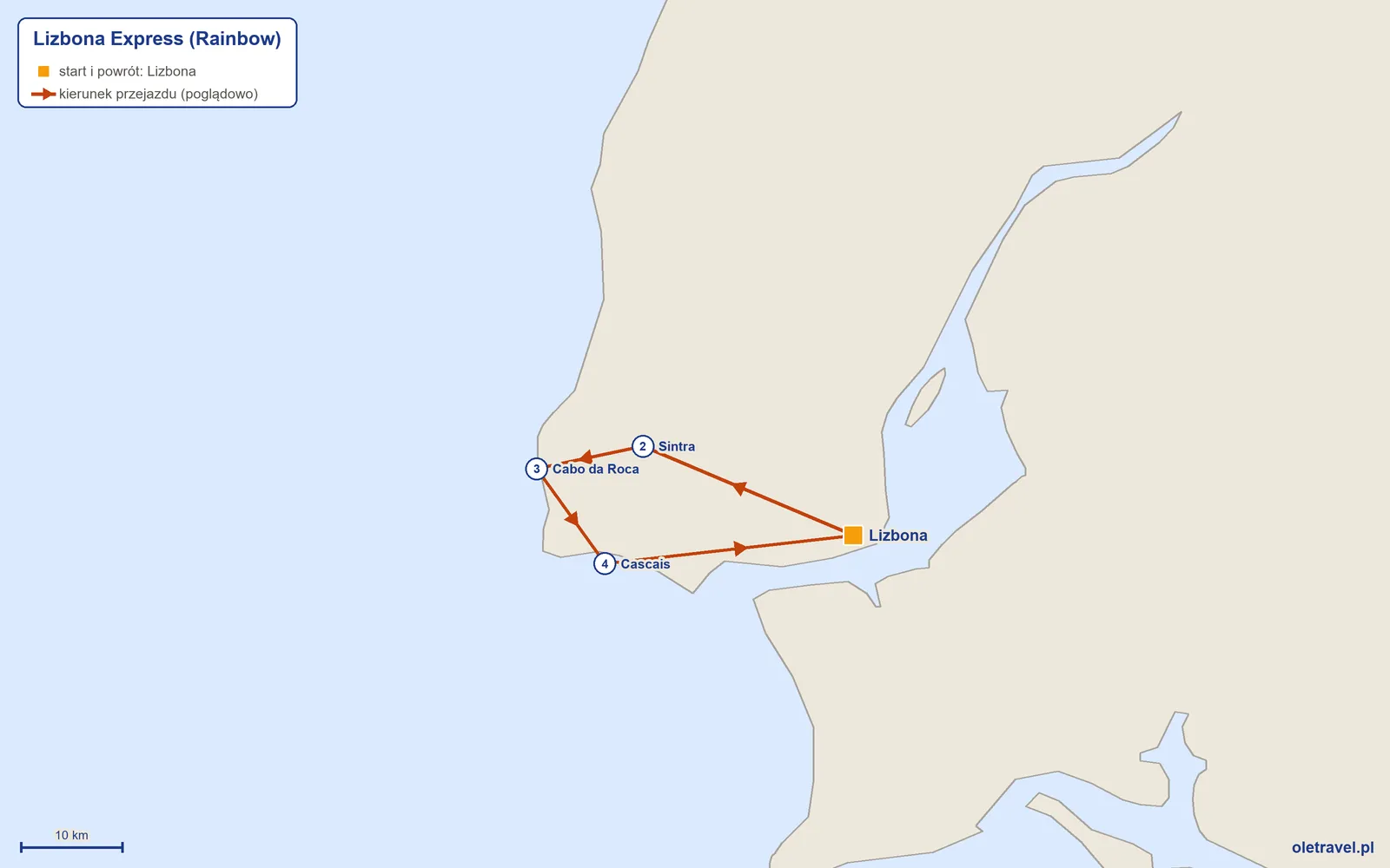 Mapa trasy wycieczki „Lizbona Express” z Rainbow: Lizbona – Sintra – Cabo da Roca – Cascais – Lizbona
