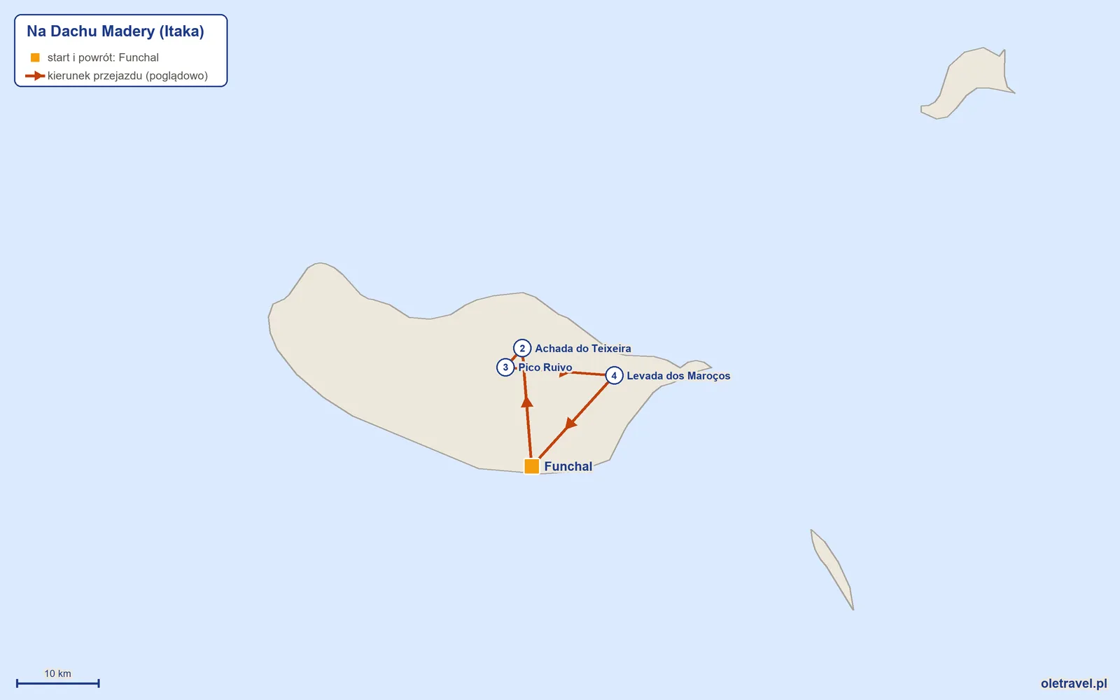 Mapa trasy wycieczki „Na Dachu Madery” z Itaką: Funchal – Achada do Teixeira – Pico Ruivo – Levada dos Maroços – Funchal