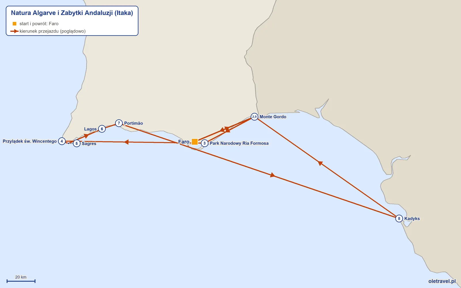 Mapa trasy wycieczki „Natura Algarve i Zabytki Andaluzji” z Itaką: Faro – Monte Gordo – Park Narodowy Ria Formosa – Przylądek św. Wincentego – Sagres – Lagos – Portimão – Kadyks – Monte Gordo – Faro