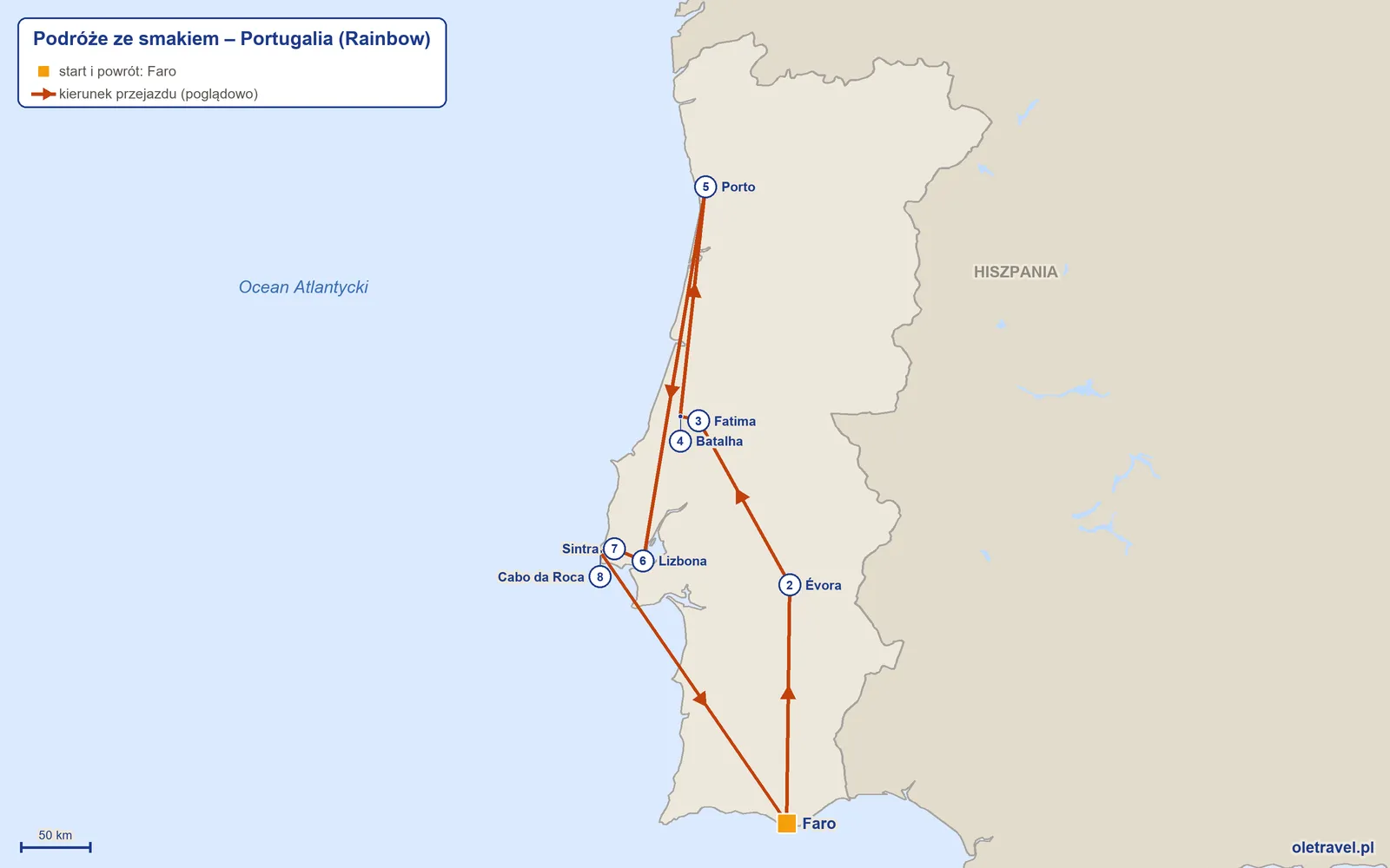 Mapa trasy wycieczki „Podróże ze smakiem – Portugalia” z Rainbow: Faro – Évora – Fatima – Batalha – Porto – Lizbona – Sintra – Cabo da Roca – Faro