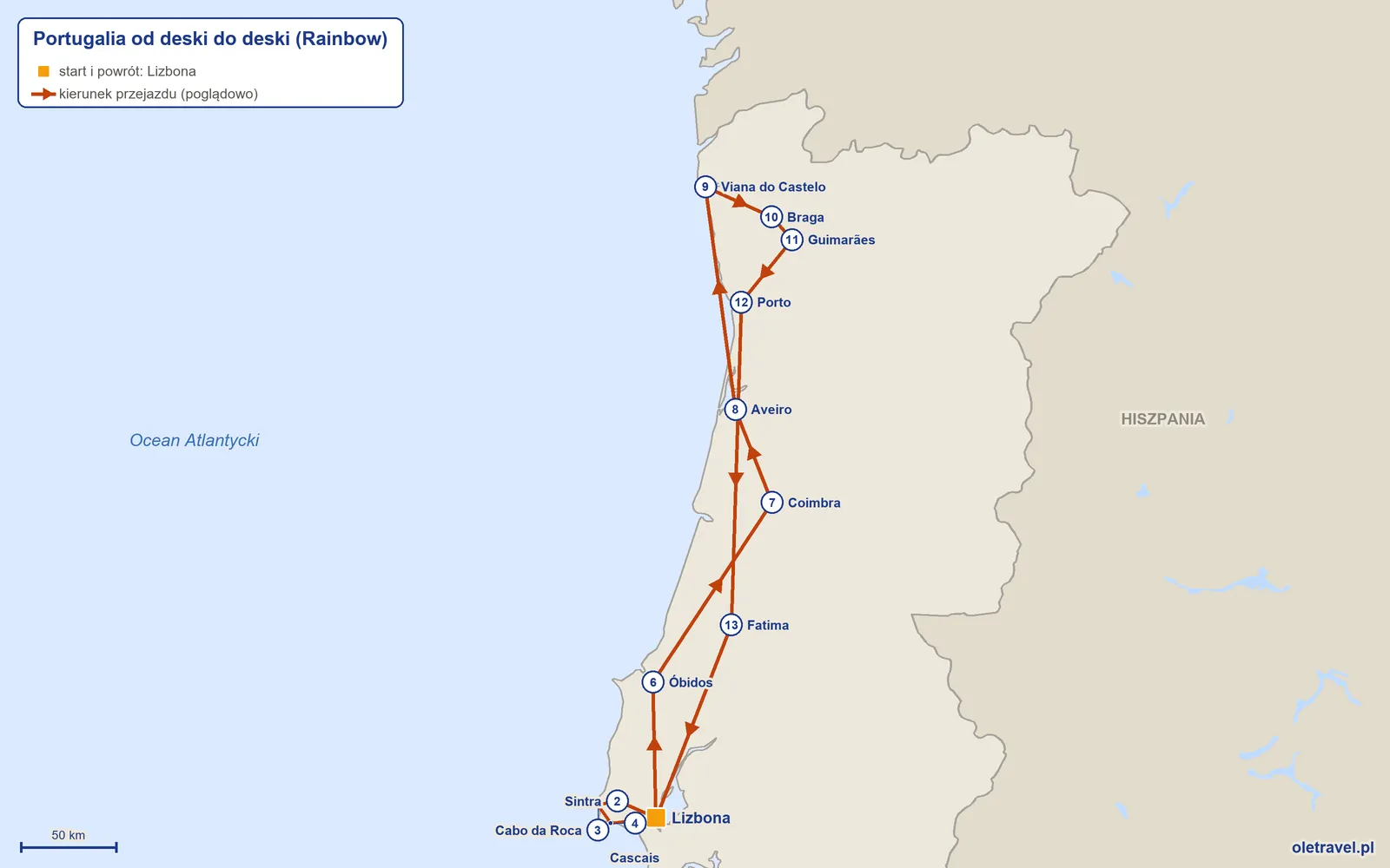 Mapa trasy wycieczki „Portugalia od deski do deski” z Rainbow: Lizbona – Sintra – Cabo da Roca – Cascais – Lizbona – Óbidos – Coimbra – Aveiro – Viana do Castelo – Braga – Guimarães – Porto – Fatima – Lizbona