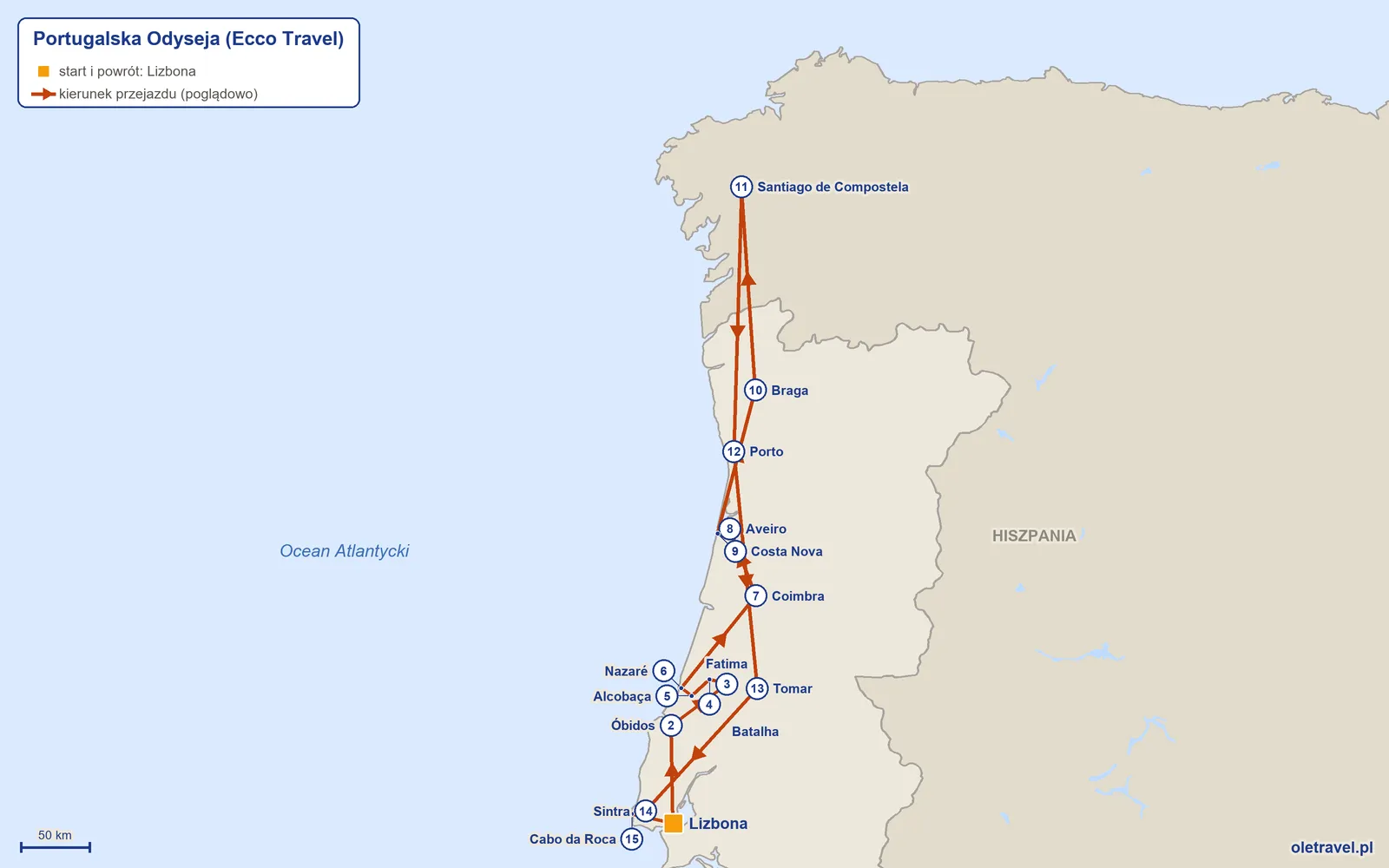 Mapa trasy wycieczki „Portugalska Odyseja” z Ecco Travel: Lizbona – Óbidos – Fatima – Batalha – Alcobaça – Nazaré – Coimbra – Aveiro – Costa Nova – Braga – Santiago de Compostela – Porto – Tomar – Sintra – Cabo da Roca – Lizbona