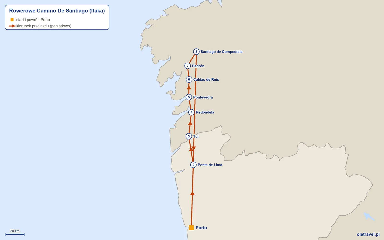 Mapa trasy wycieczki „Rowerowe Camino De Santiago” z Itaką: Porto – Ponte de Lima – Tui – Redondela – Pontevedra – Caldas de Reis – Padrón – Santiago de Compostela – Porto