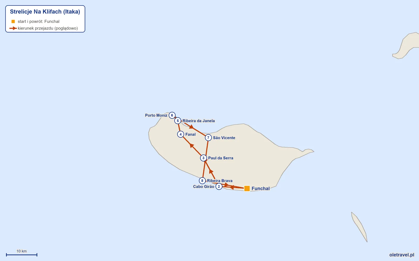 Mapa trasy wycieczki „Strelicje Na Klifach” z Itaką: Funchal – Cabo Girão – Paul da Serra – Fanal – Ribeira da Janela – Porto Moniz – São Vicente – Ribeira Brava – Funchal