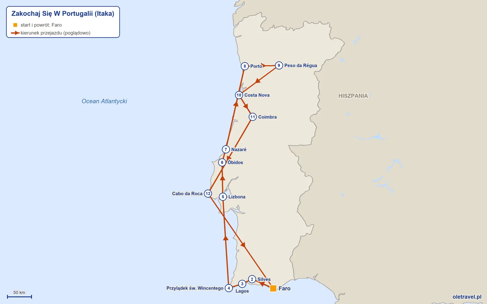 Mapa trasy wycieczki „Zakochaj Się W Portugalii” z Itaką: Faro – Silves – Lagos – Przylądek św. Wincentego – Lizbona – Óbidos – Nazaré – Porto – Peso da Régua – Costa Nova – Coimbra – Cabo da Roca – Faro