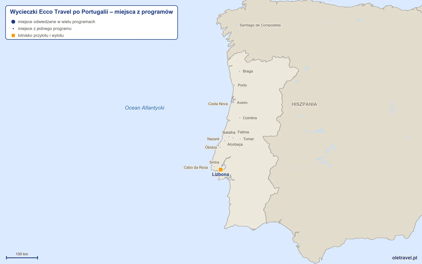 Mapa: Portugalia z miejscami z programów wycieczek objazdowych Ecco Travel