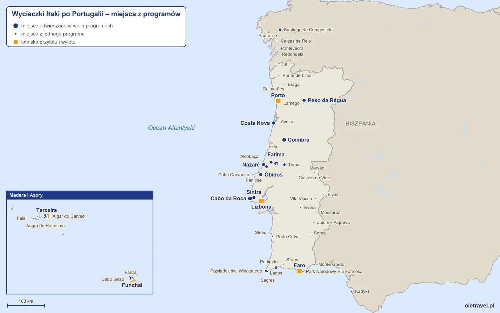 Mapa: Portugalia z miejscami z programów wycieczek objazdowych Itaki