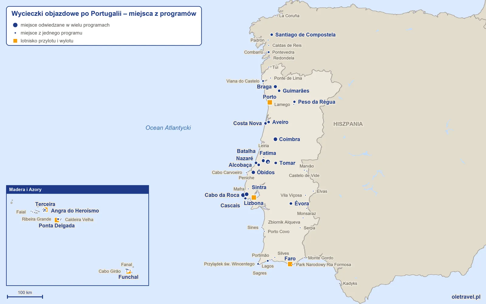 Mapa: Portugalia z miejscami odwiedzanymi na wycieczkach objazdowych z naszej oferty