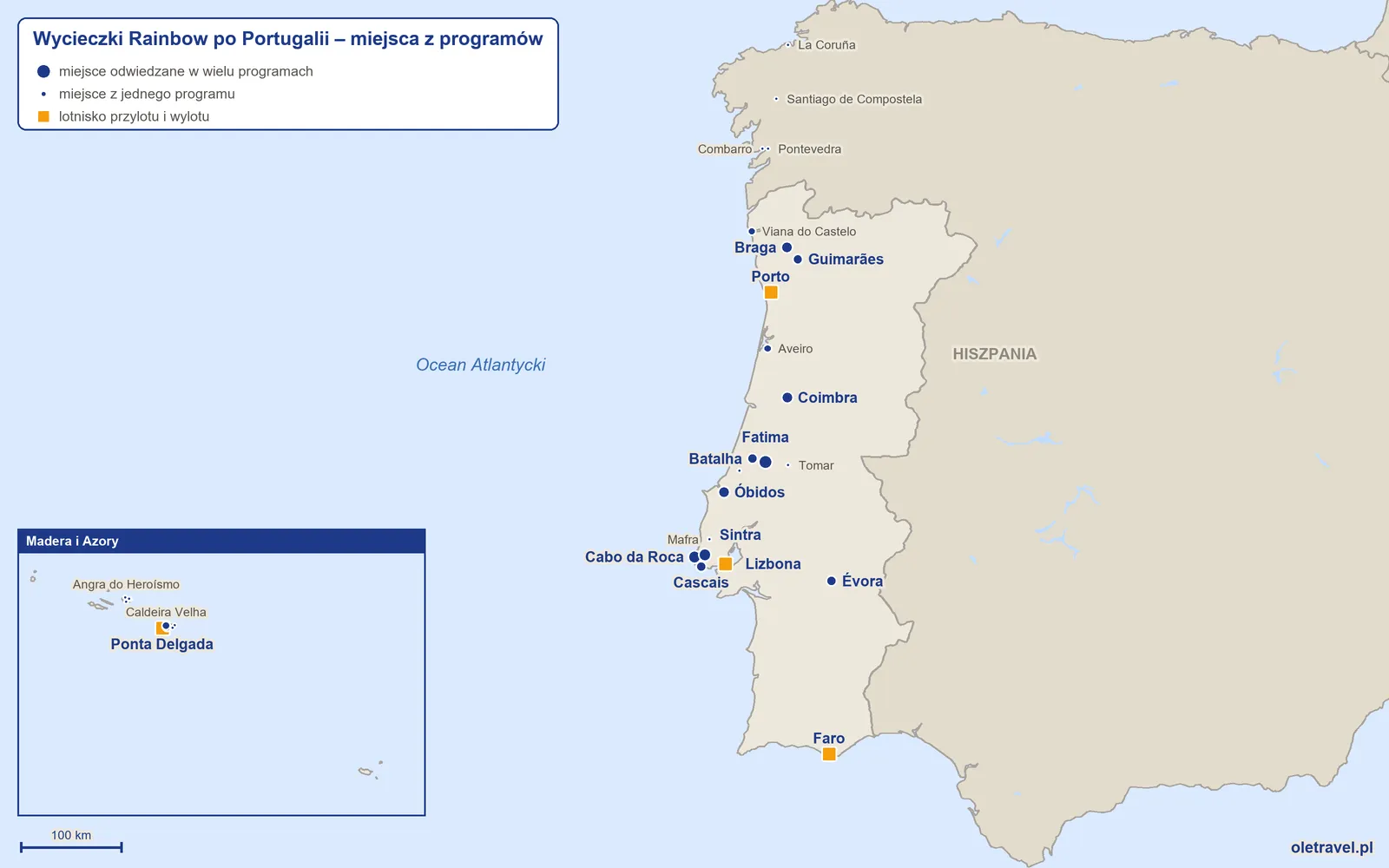 Mapa: Portugalia z miejscami z programów wycieczek objazdowych Rainbow
