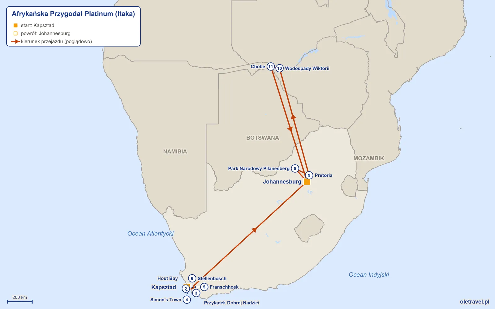 Mapa trasy wycieczki „Afrykańska Przygoda! Platinum” z Itaką: Kapsztad – Hout Bay – Przylądek Dobrej Nadziei – Simon's Town – Franschhoek – Stellenbosch – Johannesburg – Park Narodowy Pilanesberg – Pretoria – Wodospady Wiktorii – Chobe – Johannesburg