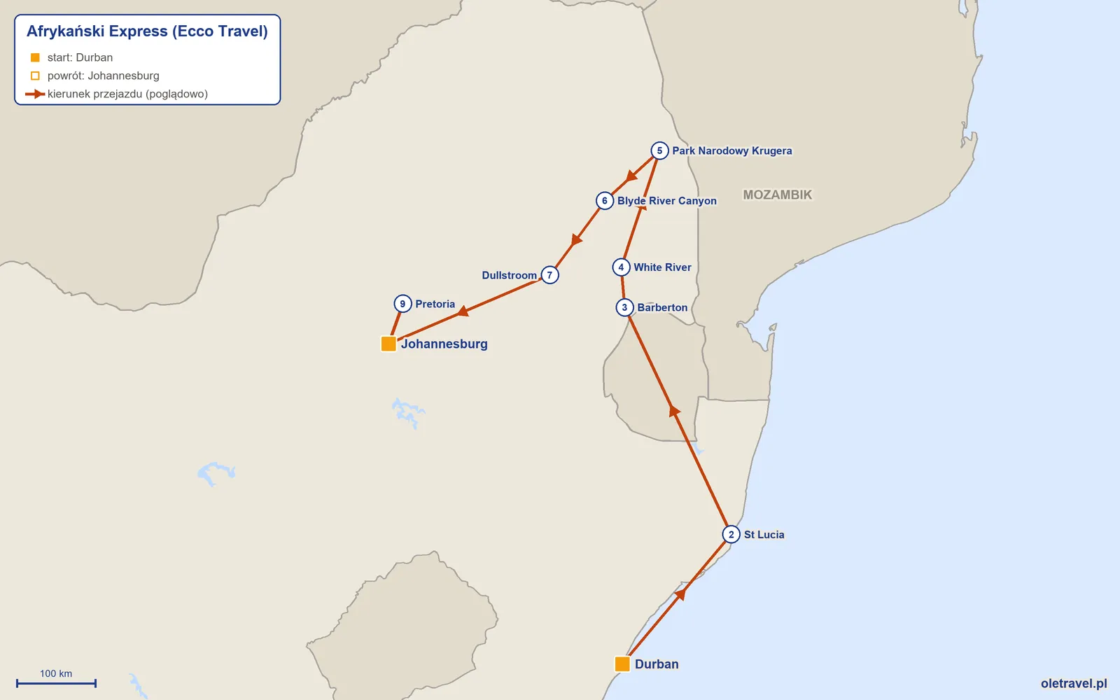 Mapa trasy wycieczki „Afrykański Express” z Ecco Travel: Durban – St Lucia – Barberton – White River – Park Narodowy Krugera – Blyde River Canyon – Dullstroom – Johannesburg – Pretoria – Johannesburg