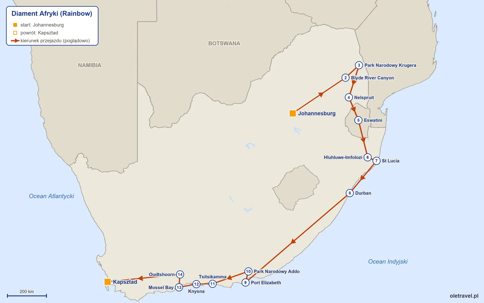 Mapa trasy wycieczki „Diament Afryki” z Rainbow: Johannesburg – Blyde River Canyon – Park Narodowy Krugera – Nelspruit – Eswatini – Hluhluwe-Imfolozi – St Lucia – Durban – Port Elizabeth – Park Narodowy Addo – Tsitsikamma – Knysna – Mossel Bay – Oudtshoorn – Kapsztad