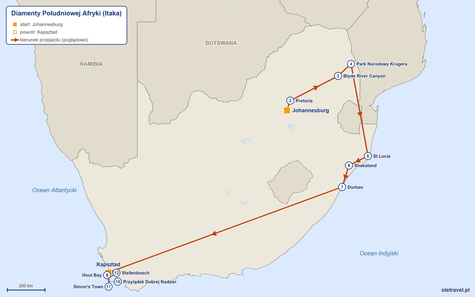 Mapa trasy wycieczki „Diamenty Południowej Afryki” z Itaką: Johannesburg – Pretoria – Blyde River Canyon – Park Narodowy Krugera – St Lucia – Shakaland – Durban – Kapsztad – Hout Bay – Przylądek Dobrej Nadziei – Simon's Town – Stellenbosch – Kapsztad