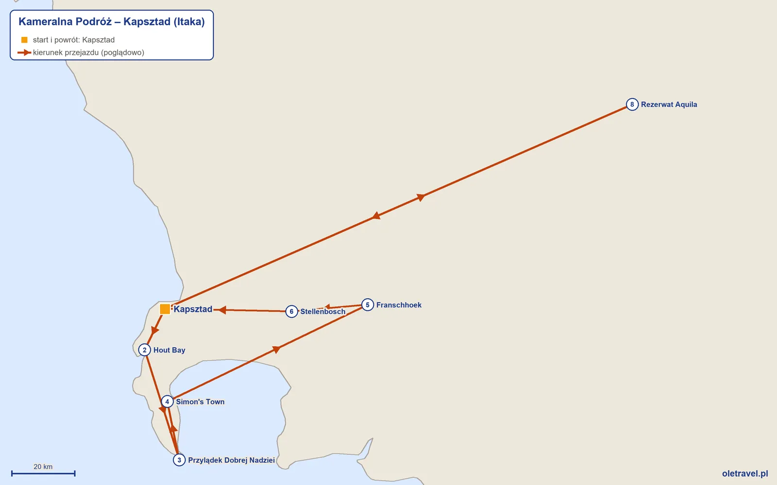 Mapa trasy wycieczki „Kameralna Podróż – Kapsztad” z Itaką: Kapsztad – Hout Bay – Przylądek Dobrej Nadziei – Simon's Town – Franschhoek – Stellenbosch – Kapsztad – Rezerwat Aquila – Kapsztad
