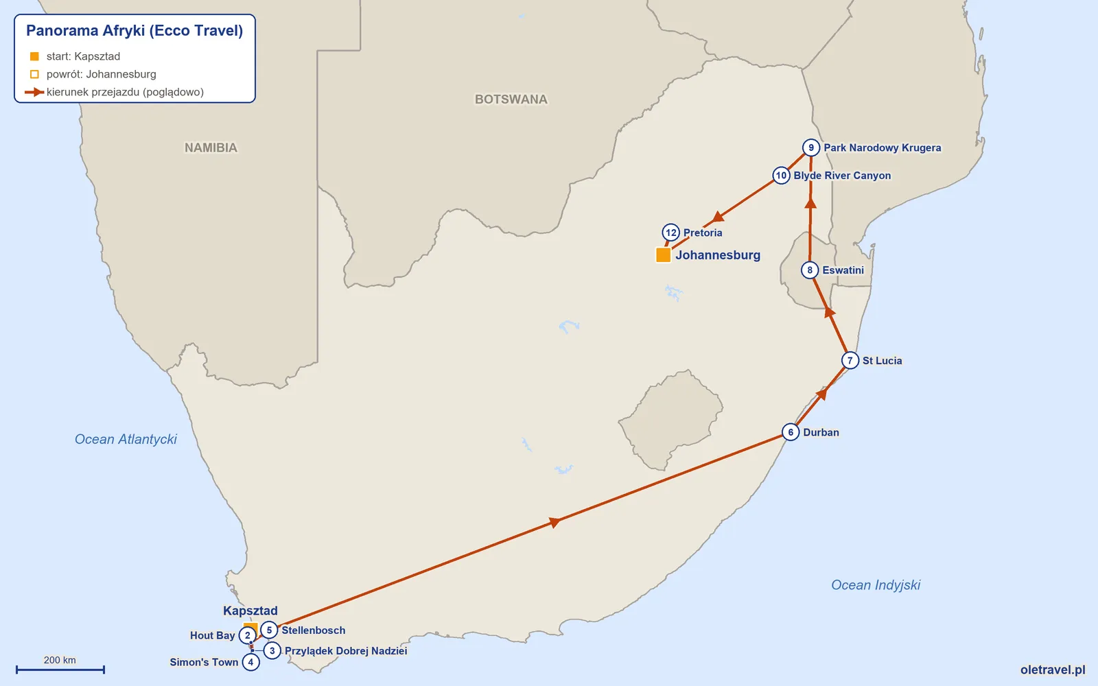 Mapa trasy wycieczki „Panorama Afryki” z Ecco Travel: Kapsztad – Hout Bay – Przylądek Dobrej Nadziei – Simon's Town – Stellenbosch – Durban – St Lucia – Eswatini – Park Narodowy Krugera – Blyde River Canyon – Johannesburg – Pretoria – Johannesburg