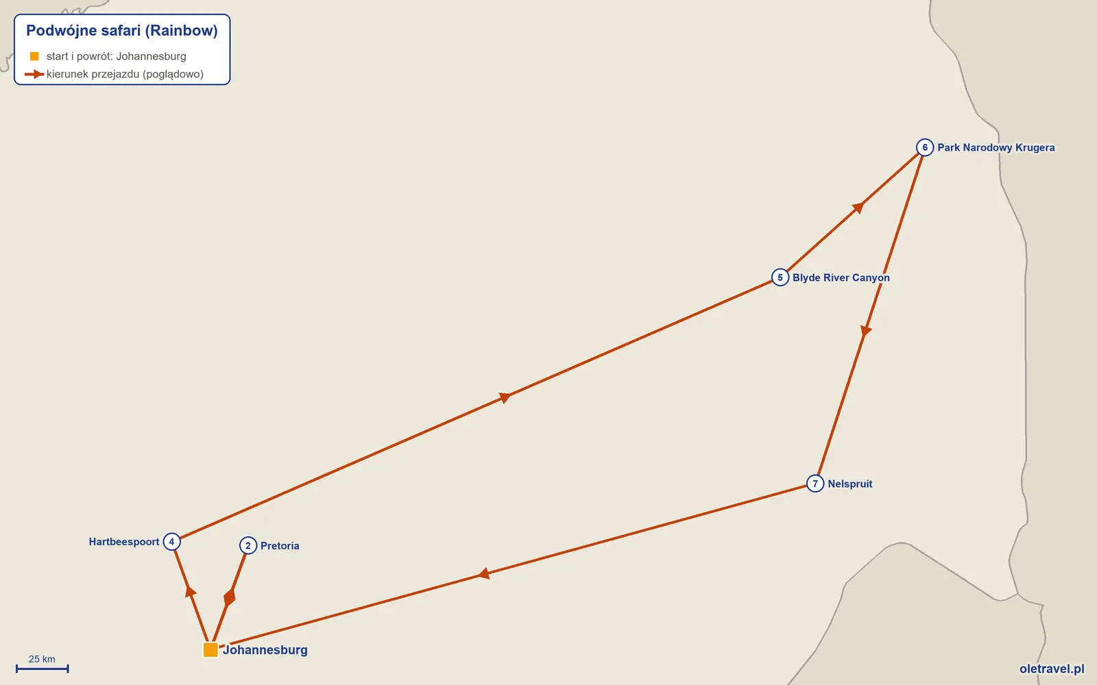 Mapa trasy wycieczki „Podwójne safari” z Rainbow: Johannesburg – Pretoria – Johannesburg – Hartbeespoort – Blyde River Canyon – Park Narodowy Krugera – Nelspruit – Johannesburg