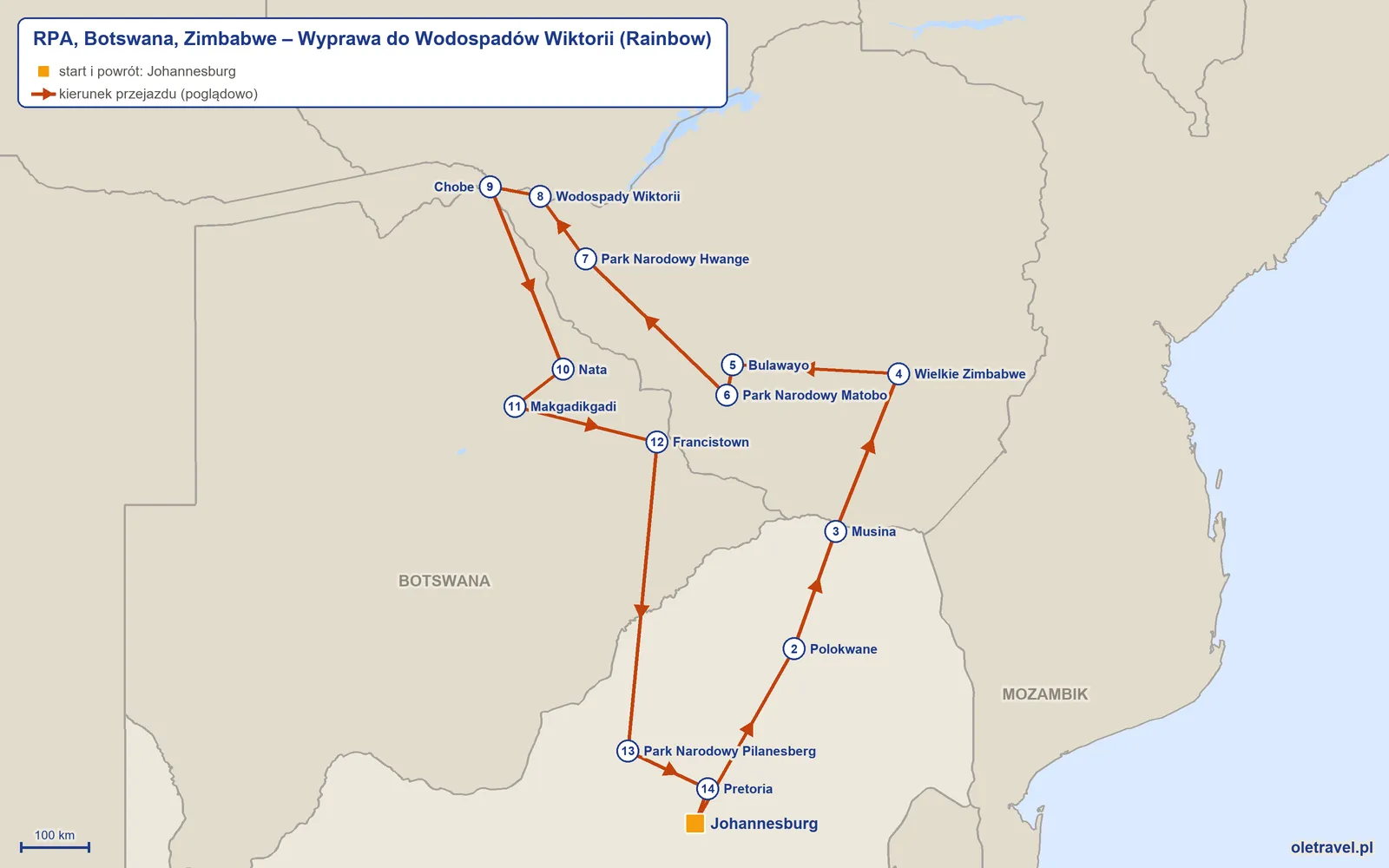 Mapa trasy wycieczki „RPA, Botswana, Zimbabwe – Wyprawa do Wodospadów Wiktorii” z Rainbow: Johannesburg – Polokwane – Musina – Wielkie Zimbabwe – Bulawayo – Park Narodowy Matobo – Park Narodowy Hwange – Wodospady Wiktorii – Chobe – Nata – Makgadikgadi – Francistown – Park Narodowy Pilanesberg – Pretoria – Johannesburg
