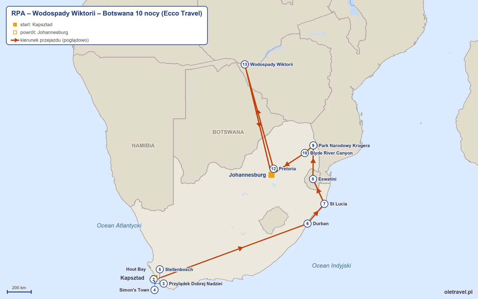 Mapa trasy wycieczki „RPA – Wodospady Wiktorii – Botswana 10 nocy” z Ecco Travel: Kapsztad – Hout Bay – Przylądek Dobrej Nadziei – Simon's Town – Stellenbosch – Durban – St Lucia – Eswatini – Park Narodowy Krugera – Blyde River Canyon – Johannesburg – Pretoria – Wodospady Wiktorii – Johannesburg