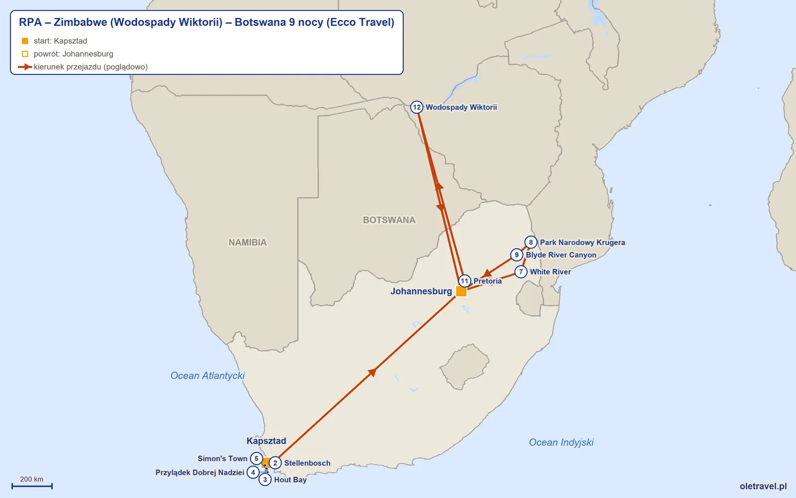 Mapa trasy wycieczki „RPA – Zimbabwe (Wodospady Wiktorii) – Botswana 9 nocy” z Ecco Travel: Kapsztad – Stellenbosch – Hout Bay – Przylądek Dobrej Nadziei – Simon's Town – Johannesburg – White River – Park Narodowy Krugera – Blyde River Canyon – Johannesburg – Pretoria – Wodospady Wiktorii – Johannesburg