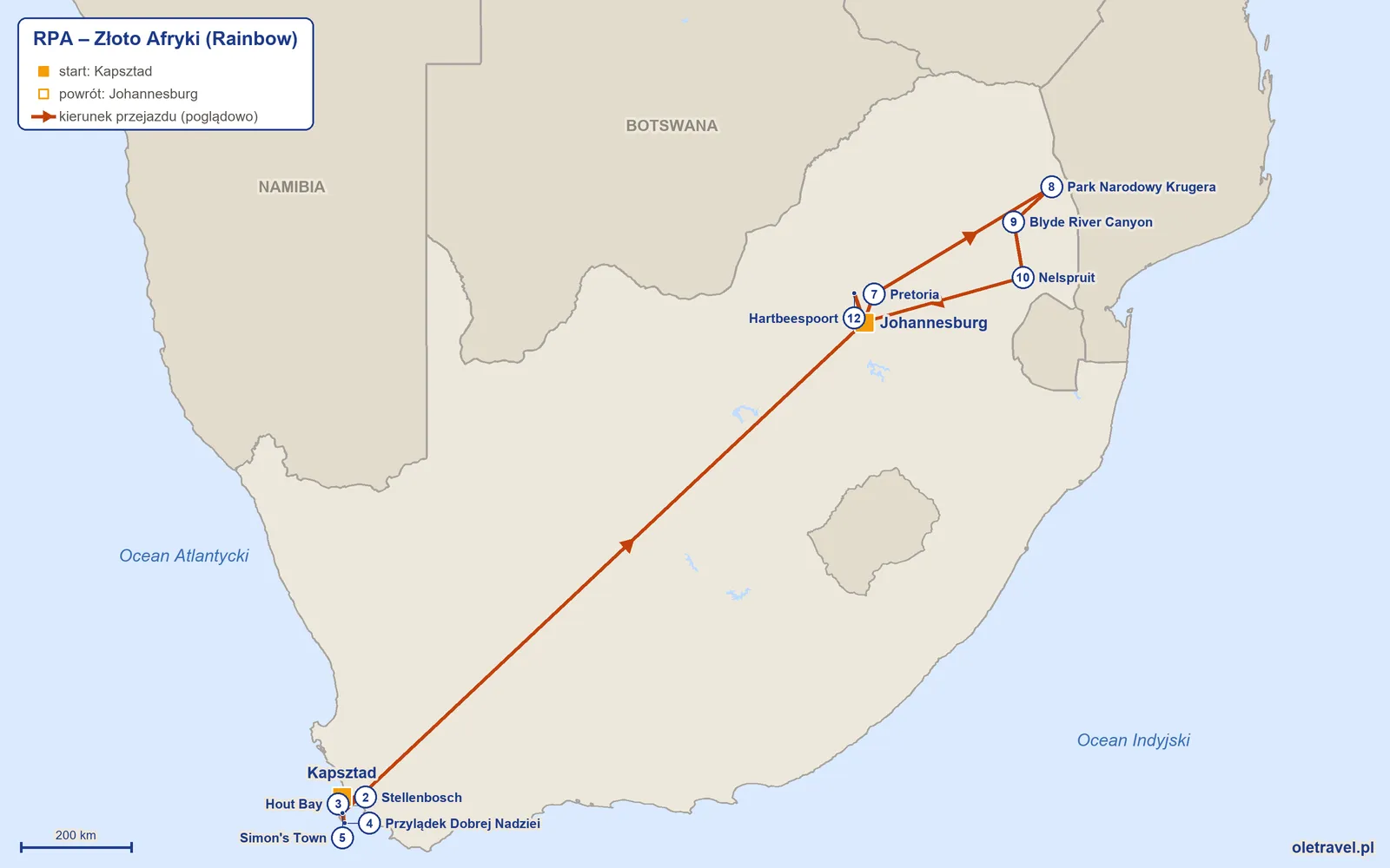 Mapa trasy wycieczki „RPA – Złoto Afryki” z Rainbow: Kapsztad – Stellenbosch – Hout Bay – Przylądek Dobrej Nadziei – Simon's Town – Johannesburg – Pretoria – Park Narodowy Krugera – Blyde River Canyon – Nelspruit – Johannesburg – Hartbeespoort – Johannesburg