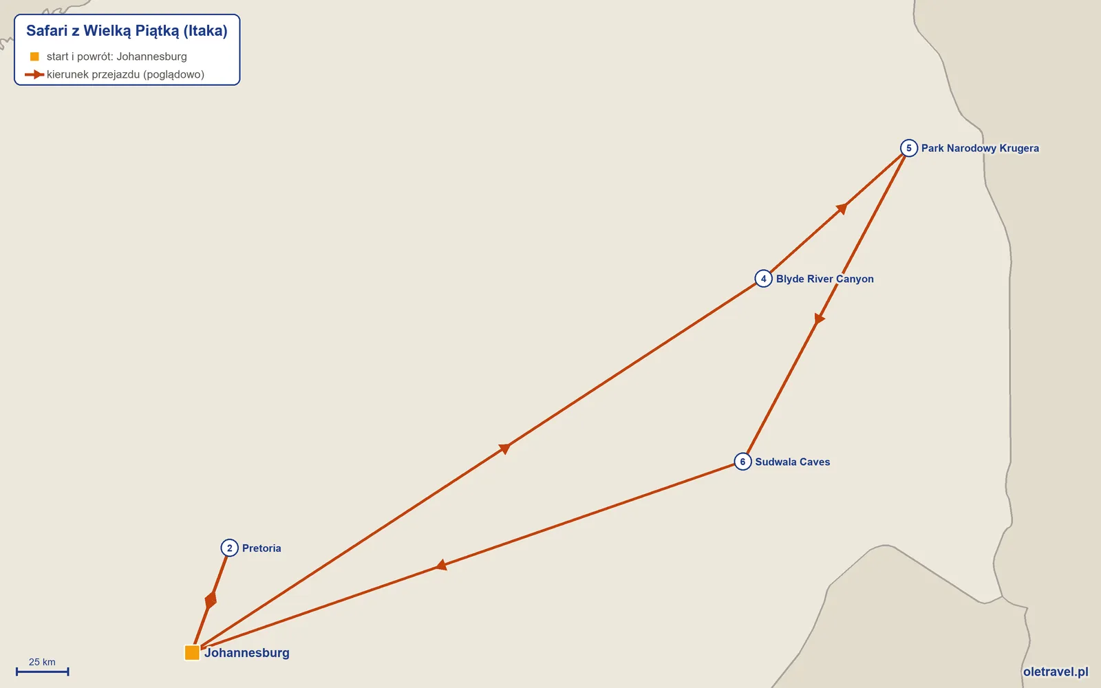 Mapa trasy wycieczki „Safari z Wielką Piątką” z Itaką: Johannesburg – Pretoria – Johannesburg – Blyde River Canyon – Park Narodowy Krugera – Sudwala Caves – Johannesburg
