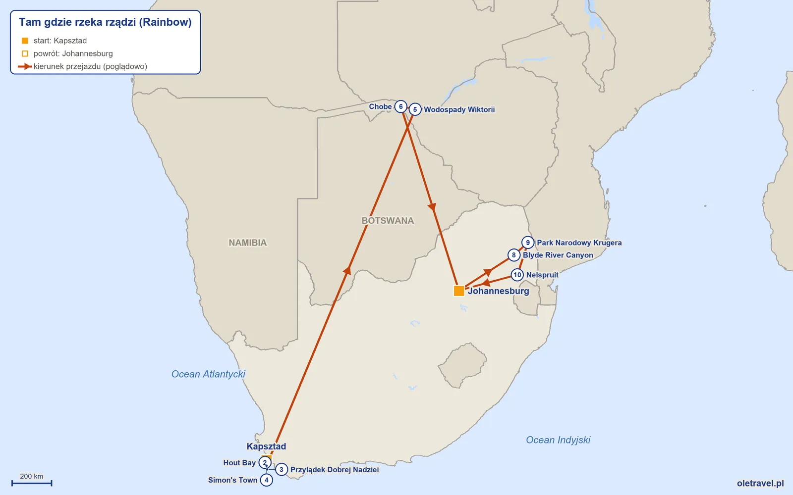 Mapa trasy wycieczki „Tam gdzie rzeka rządzi” z Rainbow: Kapsztad – Hout Bay – Przylądek Dobrej Nadziei – Simon's Town – Wodospady Wiktorii – Chobe – Johannesburg – Blyde River Canyon – Park Narodowy Krugera – Nelspruit – Johannesburg