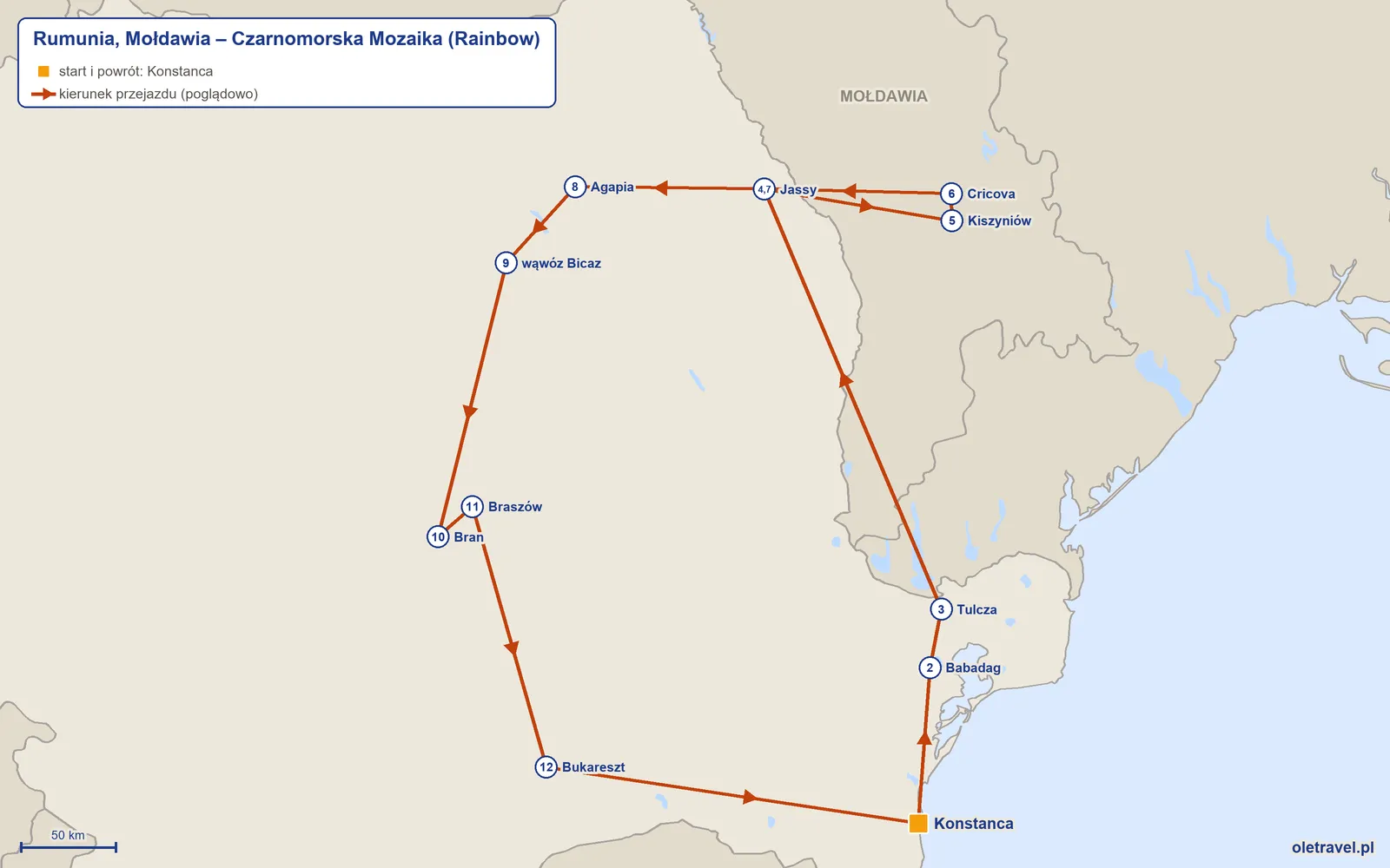 Mapa trasy wycieczki „Rumunia, Mołdawia – Czarnomorska Mozaika” z Rainbow: Konstanca – Babadag – Tulcza – Jassy – Kiszyniów – Cricova – Jassy – Agapia – wąwóz Bicaz – Bran – Braszów – Bukareszt – Konstanca