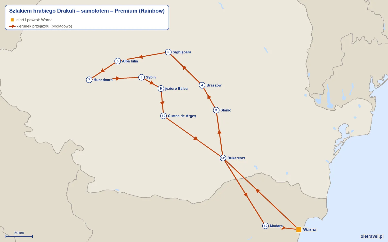 Mapa trasy wycieczki „Szlakiem hrabiego Drakuli – samolotem – Premium” z Rainbow: Warna – Bukareszt – Slănic – Braszów – Sighișoara – Alba Iulia – Hunedoara – Sybin – jezioro Bâlea – Curtea de Argeș – Bukareszt – Madara – Warna