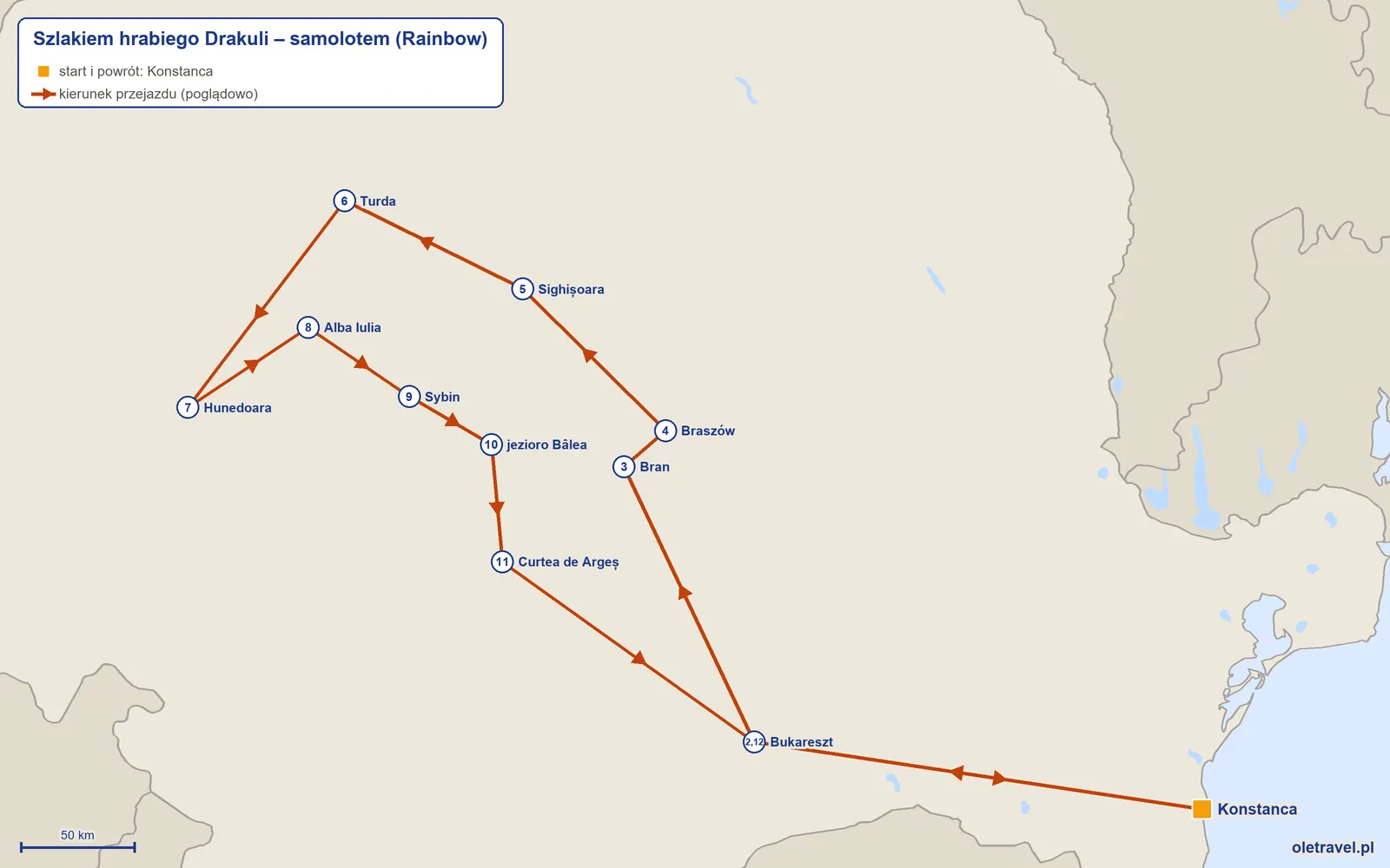 Mapa trasy wycieczki „Szlakiem hrabiego Drakuli – samolotem” z Rainbow: Konstanca – Bukareszt – Bran – Braszów – Sighișoara – Turda – Hunedoara – Alba Iulia – Sybin – jezioro Bâlea – Curtea de Argeș – Bukareszt – Konstanca