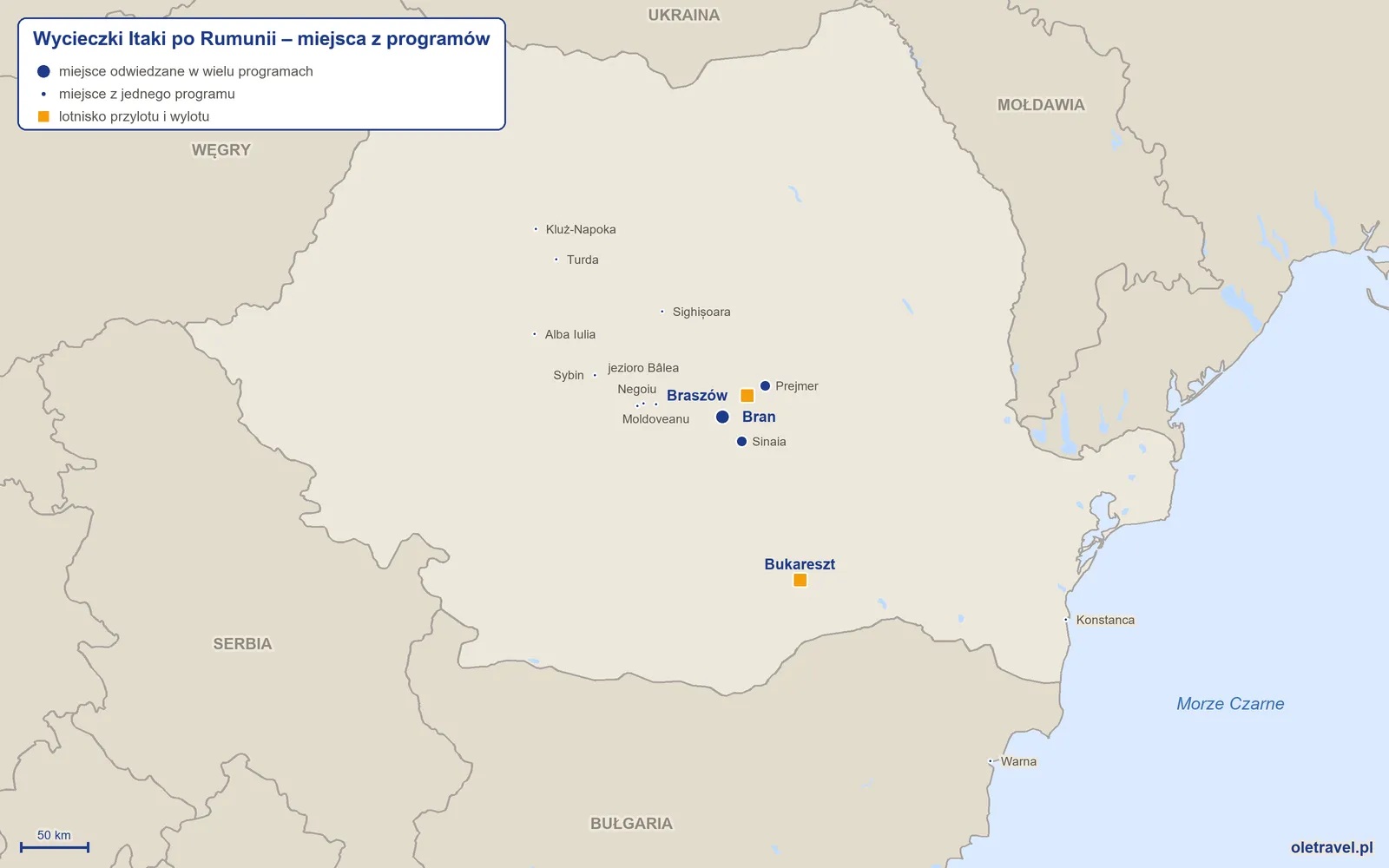 Mapa: Rumunia z miejscami z programów wycieczek objazdowych Itaki