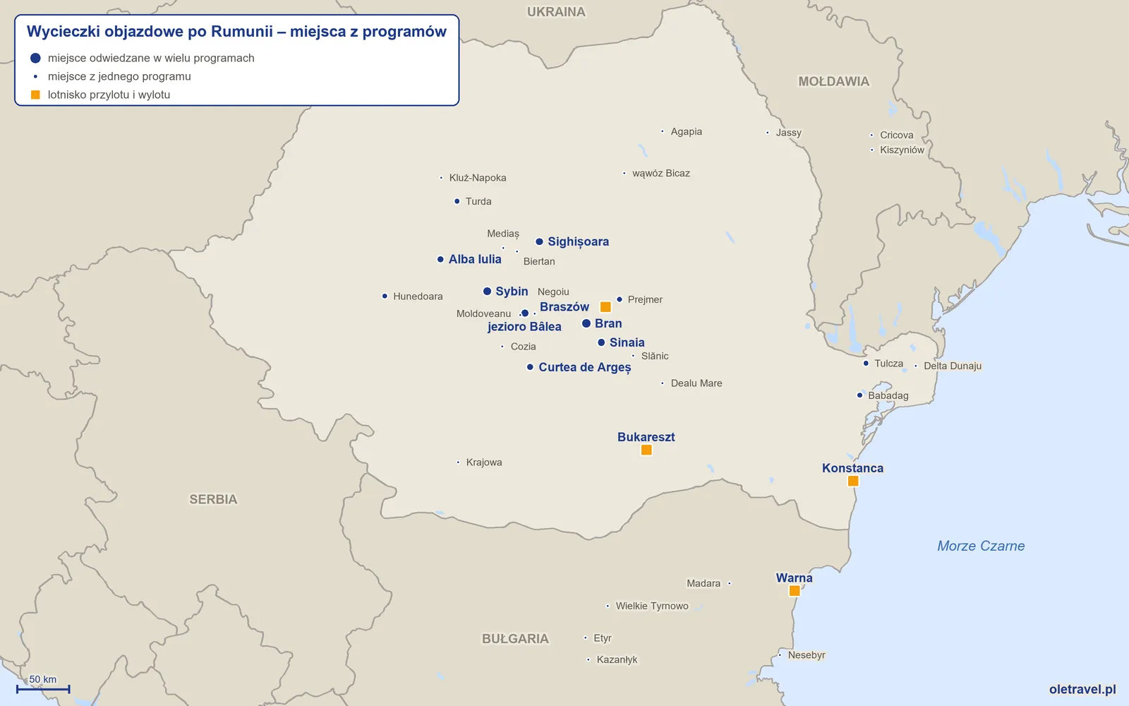 Mapa: Rumunia z miejscami odwiedzanymi na wycieczkach objazdowych z naszej oferty