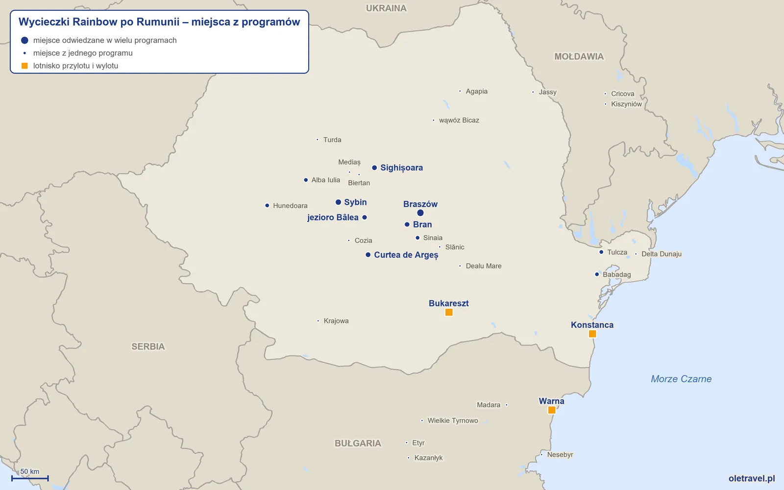 Mapa: Rumunia z miejscami z programów wycieczek objazdowych Rainbow