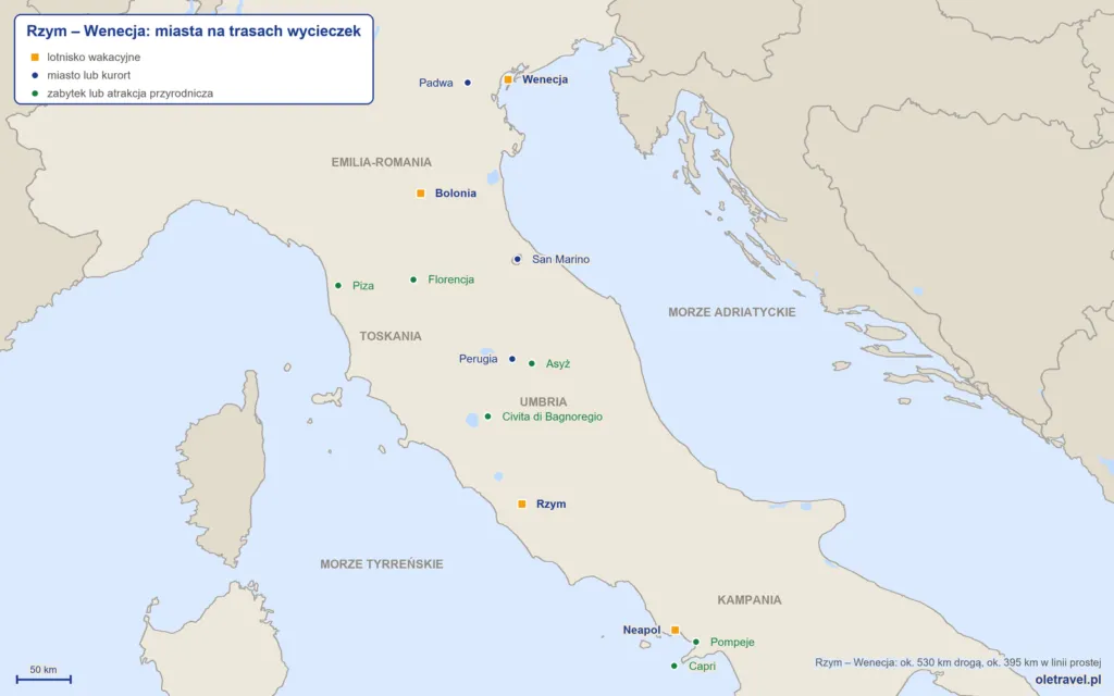 mapa: Rzym i Wenecja oraz miasta na trasach wycieczek objazdowych, odległość ok. 530 km