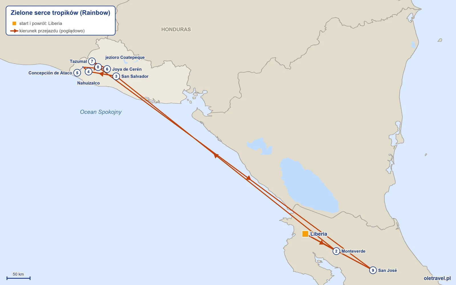 Mapa trasy wycieczki „Zielone serce tropików” z Rainbow: Liberia – Monteverde – San Salvador – Nahuizalco – Concepción de Ataco – Joya de Cerén – Tazumal – jezioro Coatepeque – San José – Liberia