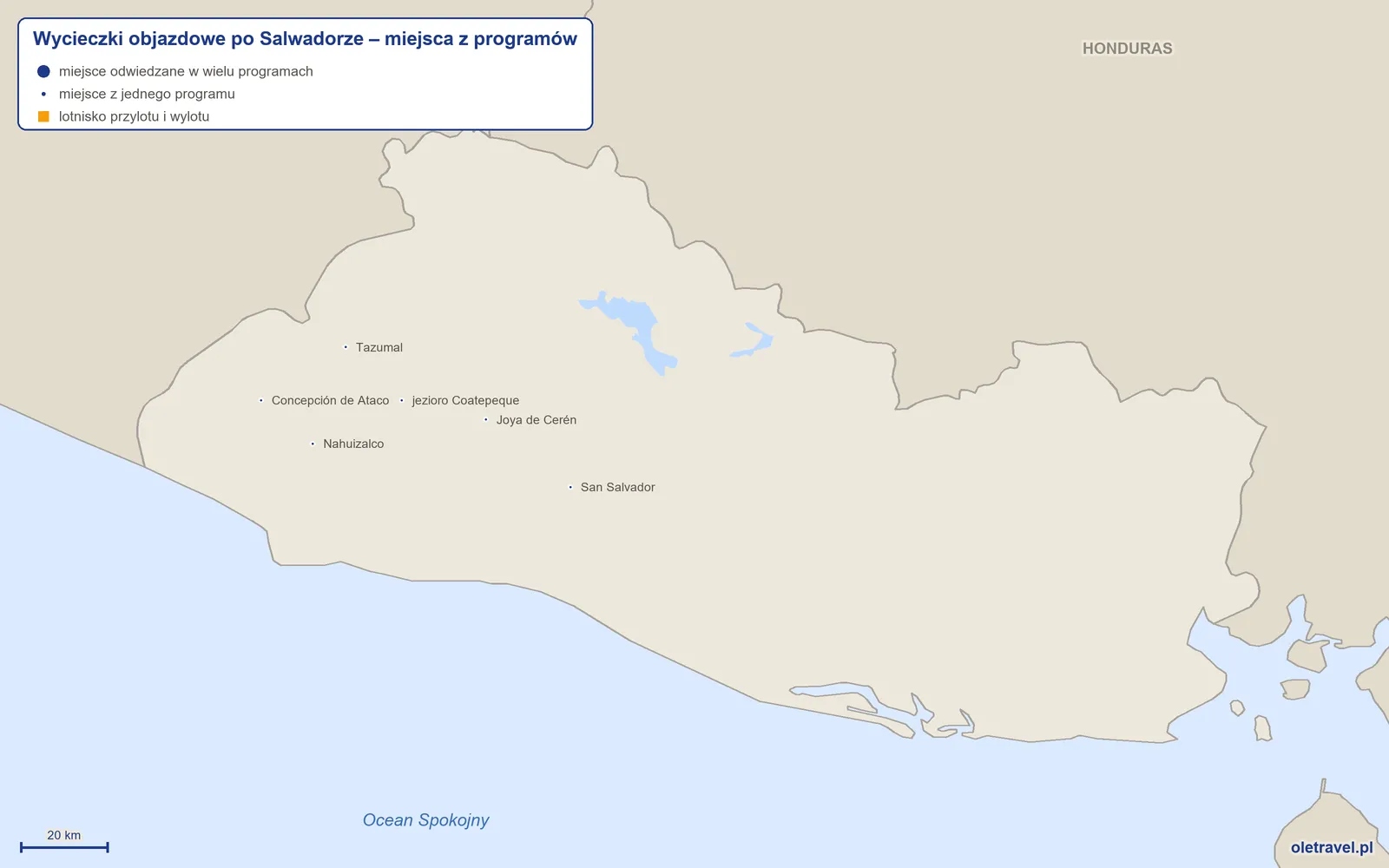 Mapa: Salwador z miejscami odwiedzanymi na wycieczkach objazdowych z naszej oferty
