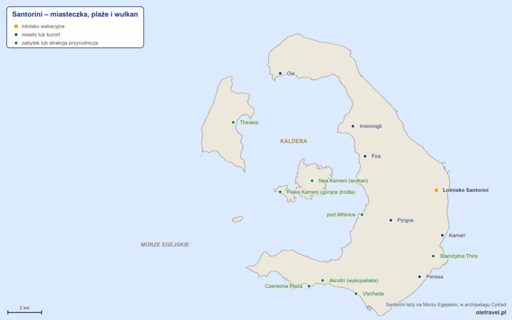 mapa Santorini: kaldera, Fira, Oia, lotnisko, plaże Kamari i Perissa, Akrotiri i wulkan Nea Kameni