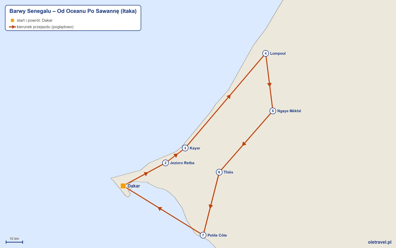 Mapa trasy wycieczki „Barwy Senegalu – Od Oceanu Po Sawannę” z Itaką: Dakar – Jezioro Retba – Kayar – Lompoul – Ngaye Mékhé – Thiès – Petite Côte – Dakar