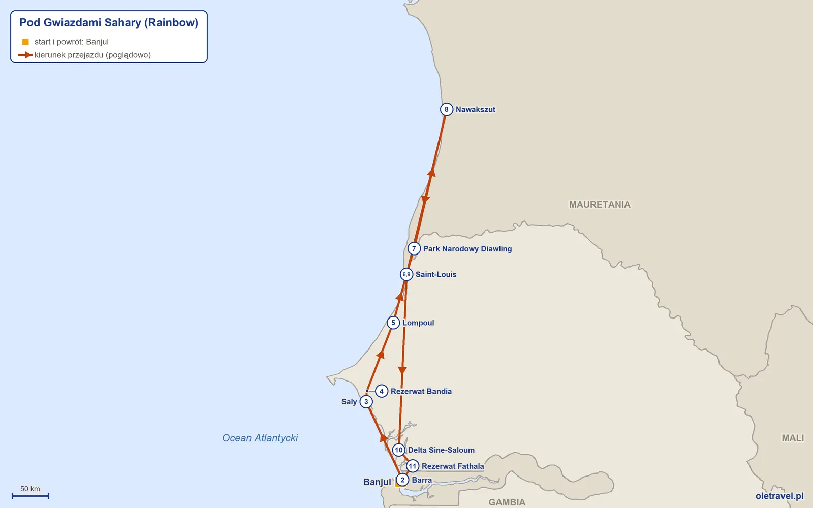 Mapa trasy wycieczki „Pod Gwiazdami Sahary” z Rainbow: Banjul – Barra – Saly – Rezerwat Bandia – Lompoul – Saint-Louis – Park Narodowy Diawling – Nawakszut – Saint-Louis – Delta Sine-Saloum – Rezerwat Fathala – Banjul