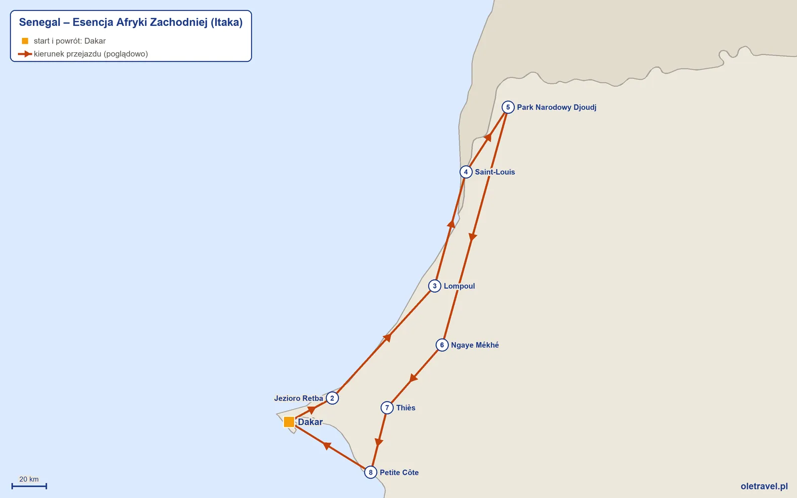 Mapa trasy wycieczki „Senegal – Esencja Afryki Zachodniej” z Itaką: Dakar – Jezioro Retba – Lompoul – Saint-Louis – Park Narodowy Djoudj – Ngaye Mékhé – Thiès – Petite Côte – Dakar