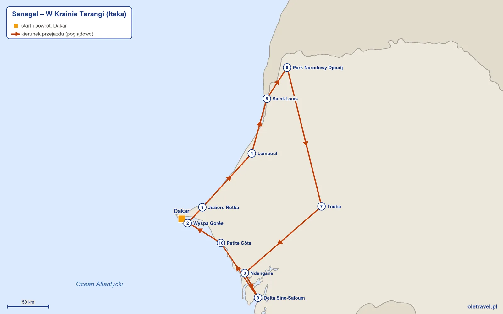 Mapa trasy wycieczki „Senegal – W Krainie Terangi” z Itaką: Dakar – Wyspa Gorée – Jezioro Retba – Lompoul – Saint-Louis – Park Narodowy Djoudj – Touba – Ndangane – Delta Sine-Saloum – Petite Côte – Dakar